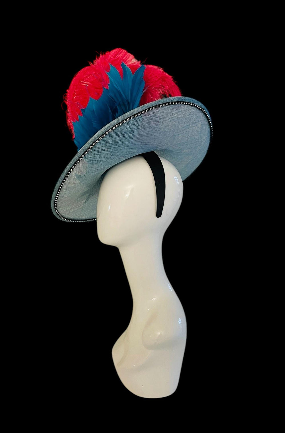 Big Pink & Blue Feathered Kentucky Derby Fascinator Hat With Crystals
