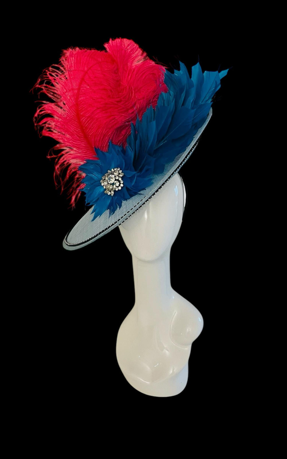 Big Pink & Blue Feathered Kentucky Derby Fascinator Hat With Crystals