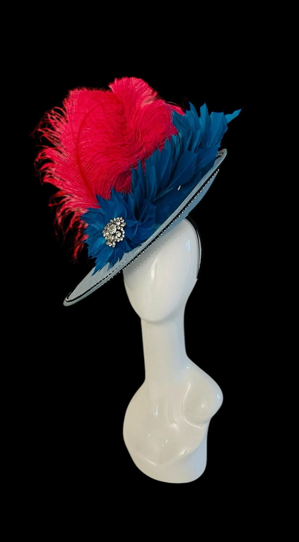 Big Pink & Blue Feathered Kentucky Derby Fascinator Hat With Crystals