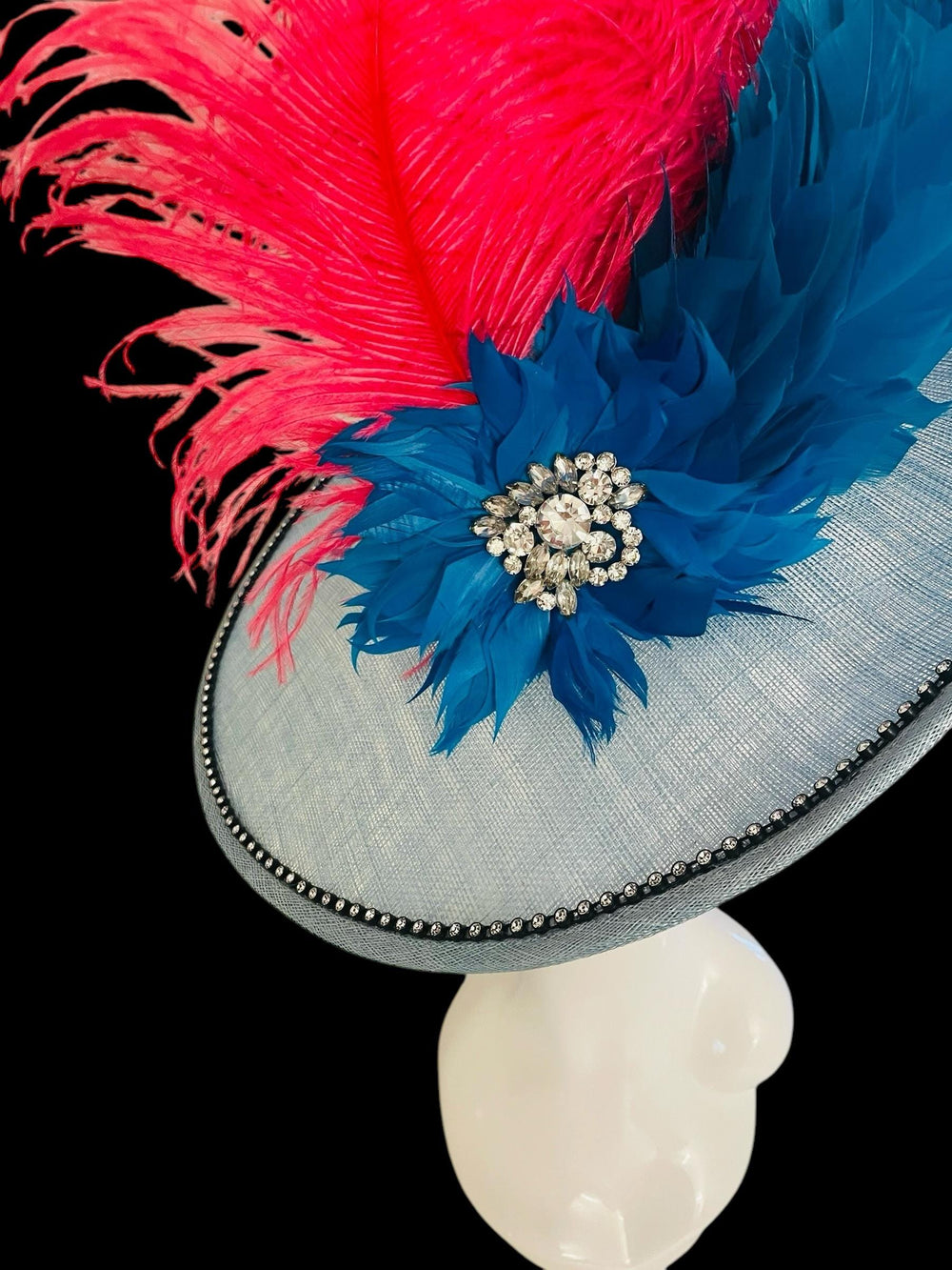 Big Pink & Blue Feathered Kentucky Derby Fascinator Hat With Crystals