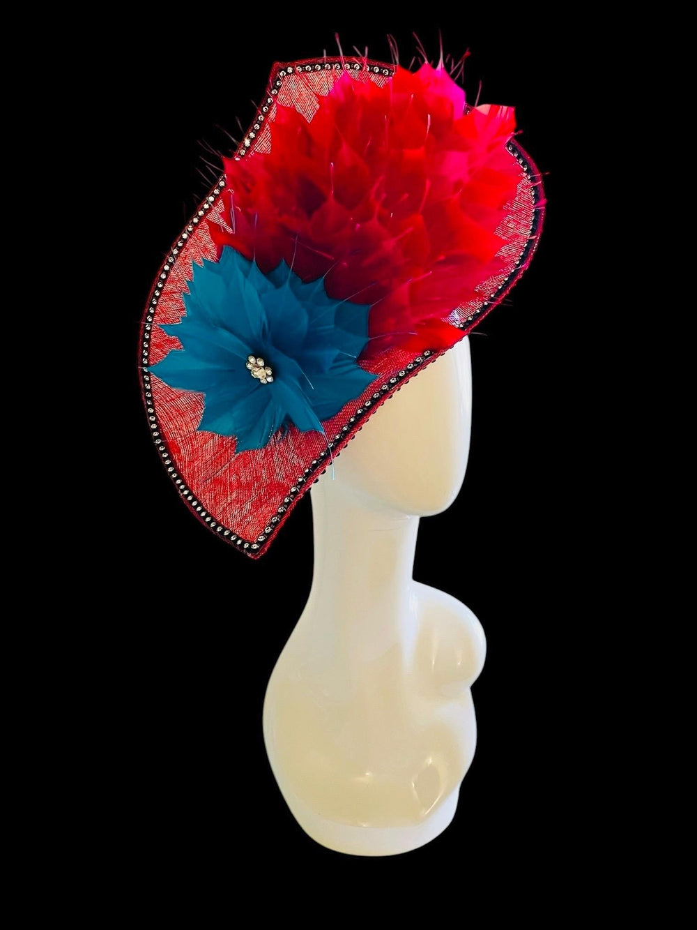 Bombshell Kentucky Derby Fascinator With Pink, Red & Blue Feathers