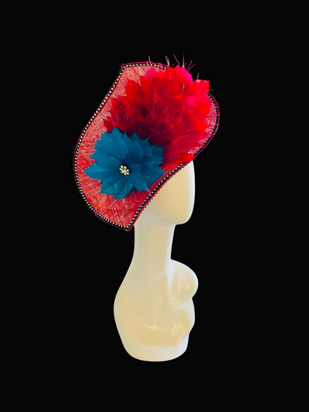 Bombshell Kentucky Derby Fascinator With Pink, Red & Blue Feathers