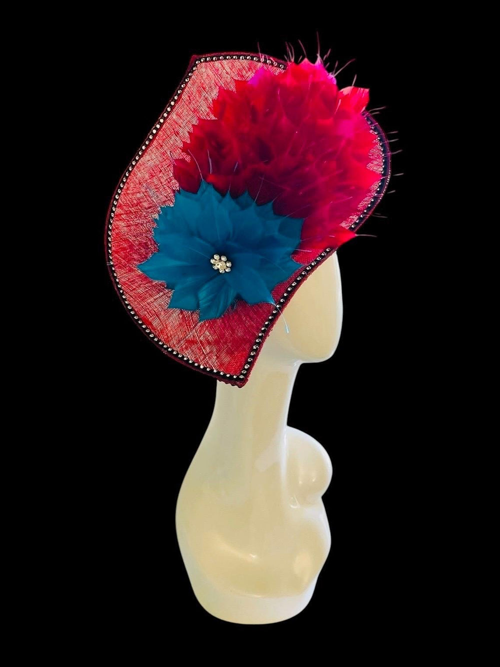 Bombshell Kentucky Derby Fascinator With Pink, Red & Blue Feathers