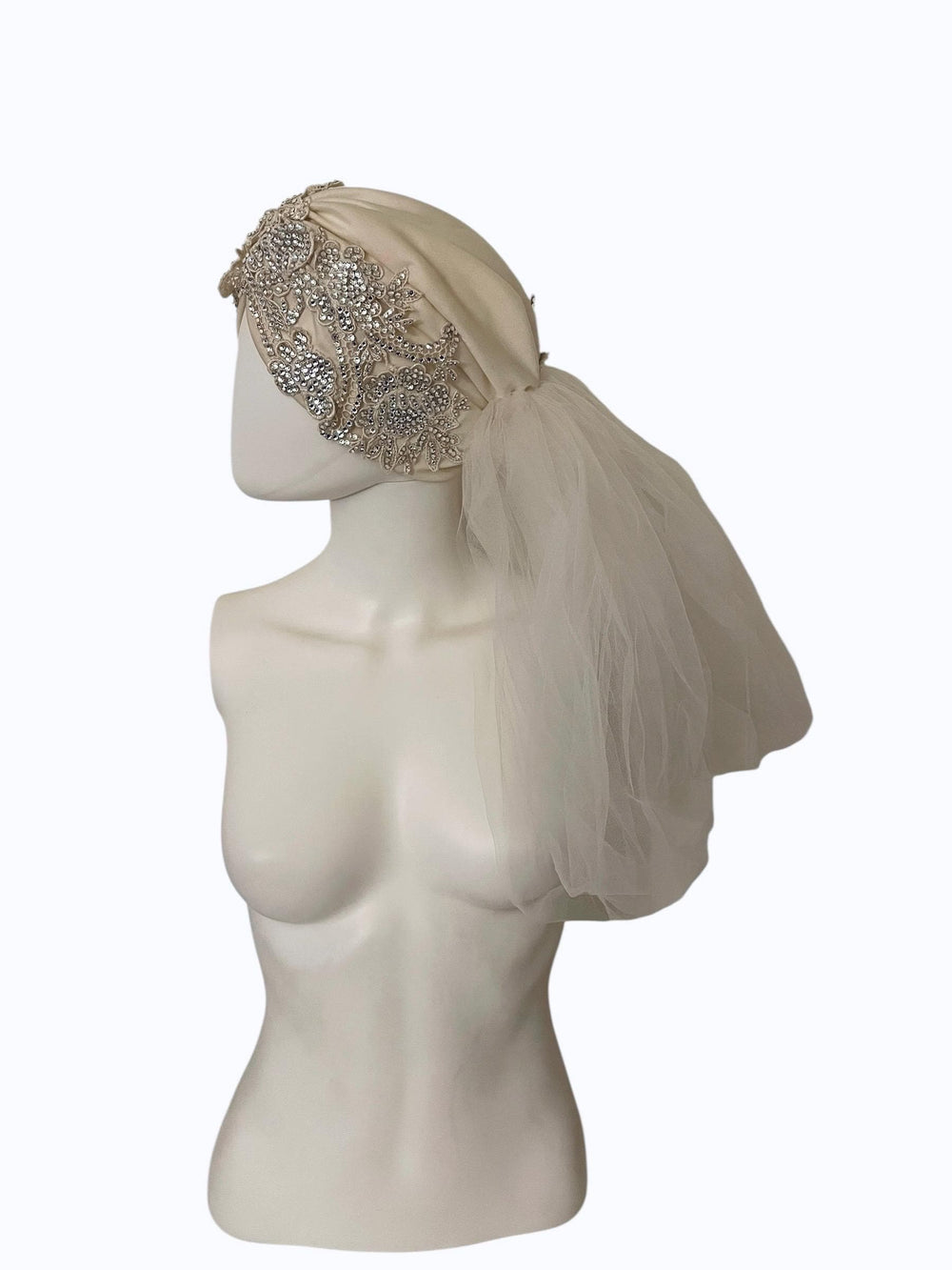 Vintage White  Wedding Turban Veil W/Swarovski Crystals