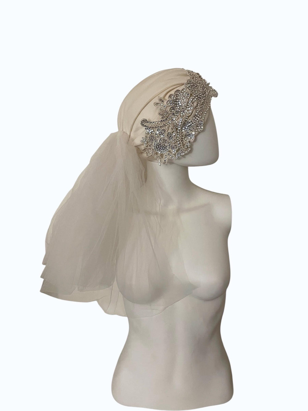 Vintage White  Wedding Turban Veil W/Swarovski Crystals