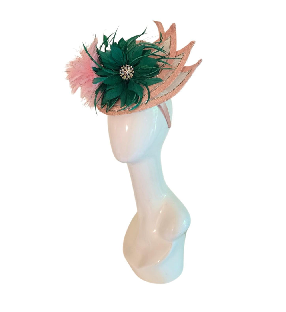 Pink Green Crystal Fascinator with Vintage Brooch – Sinamay Feather Headpiece