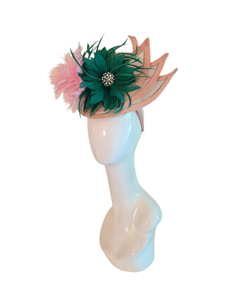 Pink Green Crystal Fascinator with Vintage Brooch – Sinamay Feather Headpiece