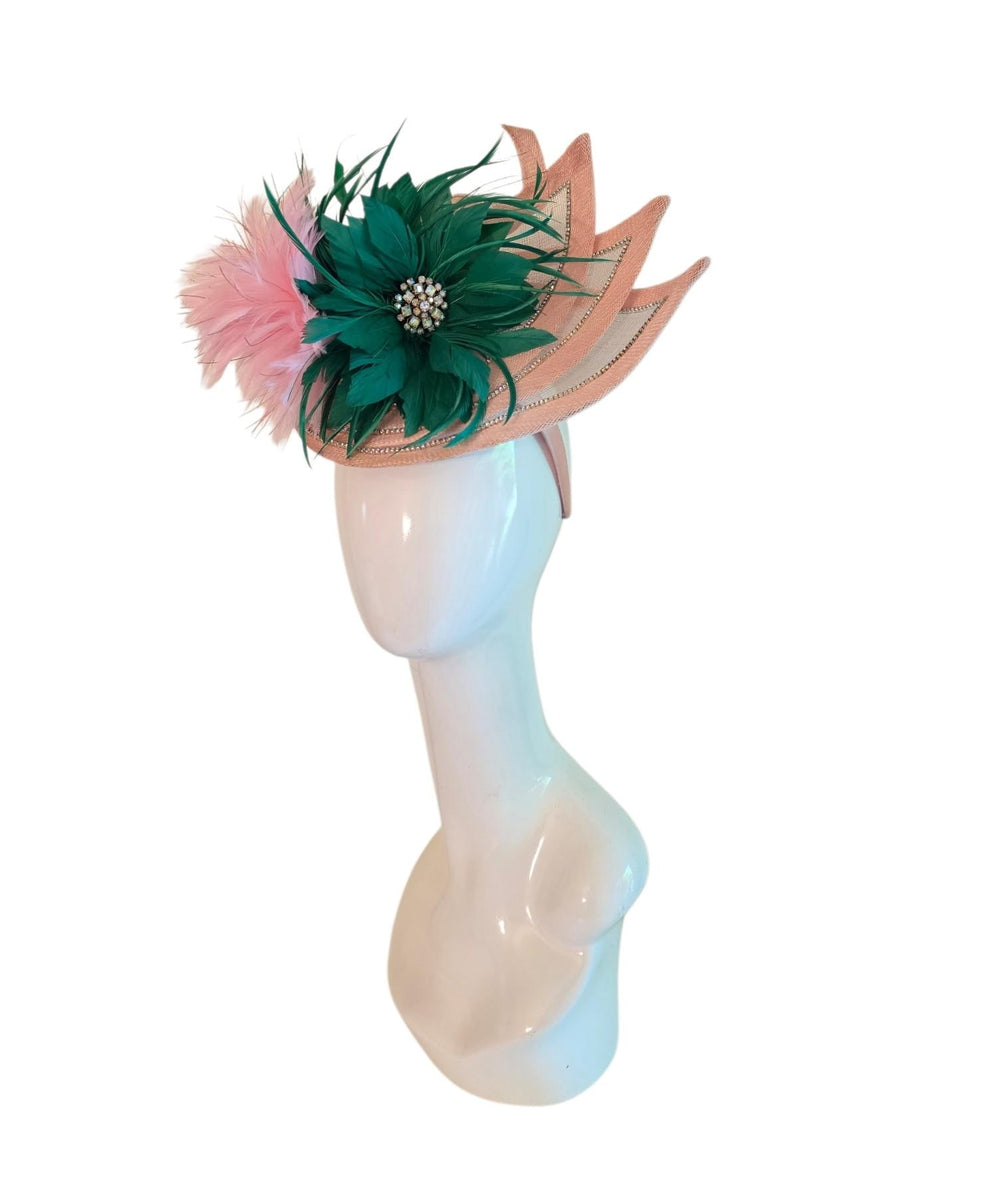 Pink Green Crystal Fascinator with Vintage Brooch – Sinamay Feather Headpiece