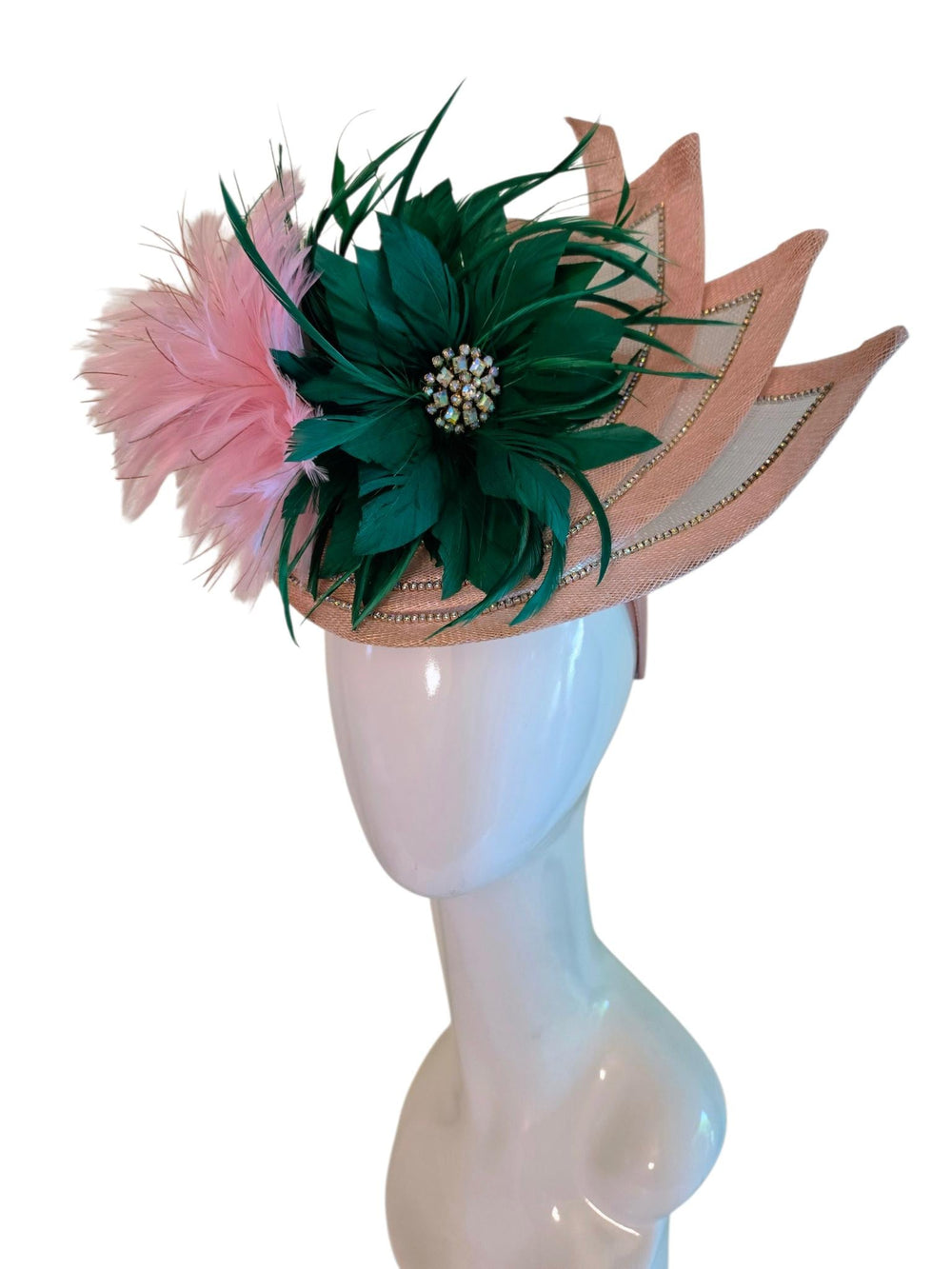 Pink Green Crystal Fascinator with Vintage Brooch – Sinamay Feather Headpiece