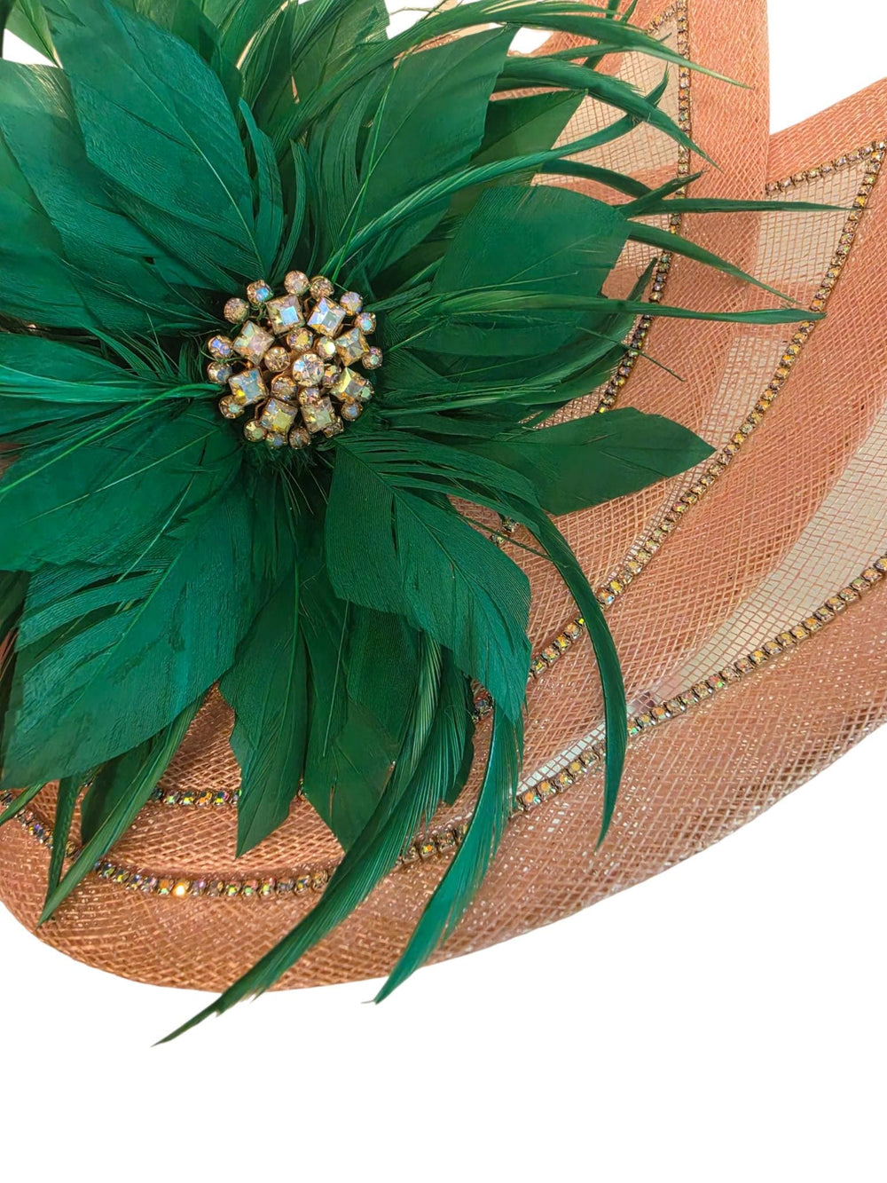 Pink Green Crystal Fascinator with Vintage Brooch – Sinamay Feather Headpiece