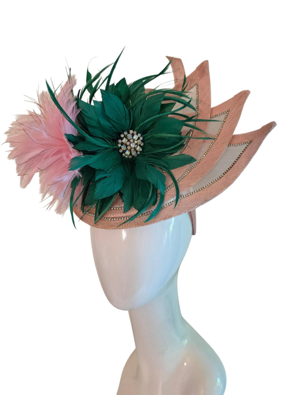 Pink Green Crystal Fascinator with Vintage Brooch – Sinamay Feather Headpiece