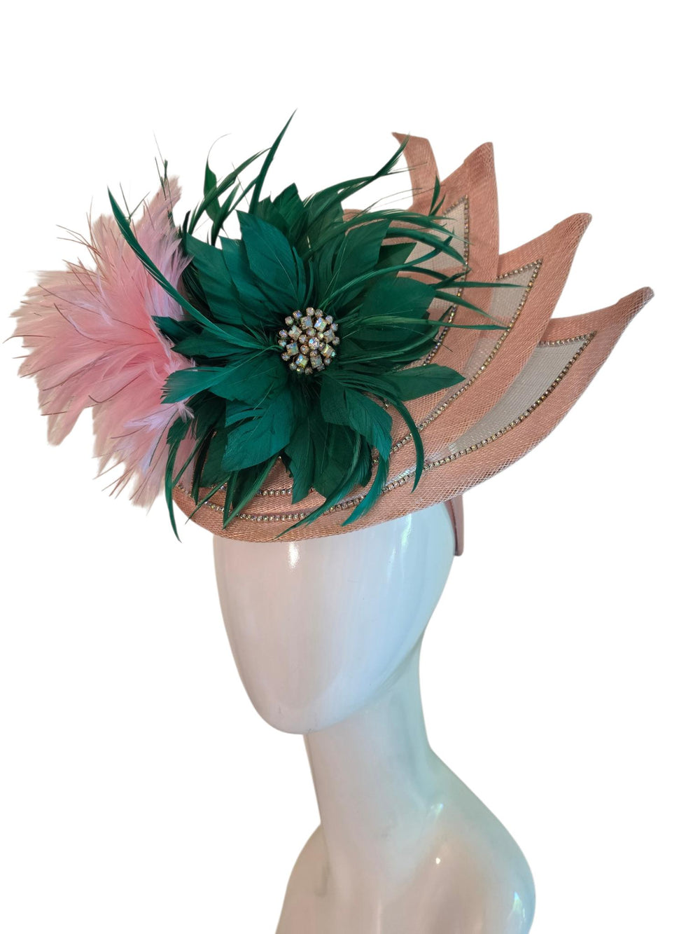Pink Green Crystal Fascinator with Vintage Brooch – Sinamay Feather Headpiece