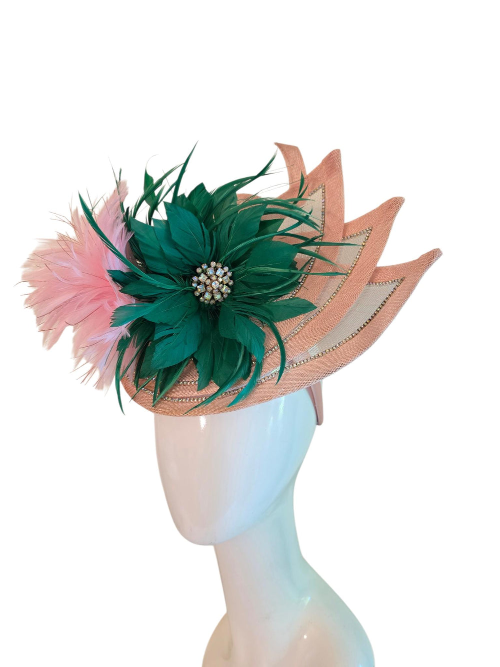 Pink Green Crystal Fascinator with Vintage Brooch – Sinamay Feather Headpiece