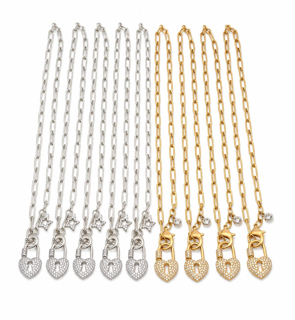 The "Icon Lock" Pavé Heart Lock Gold or Silver Necklace